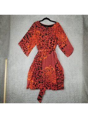 Dana Kay Dress Womens 12 Red Black 3/4 Sleeve Knee Length Tie Back